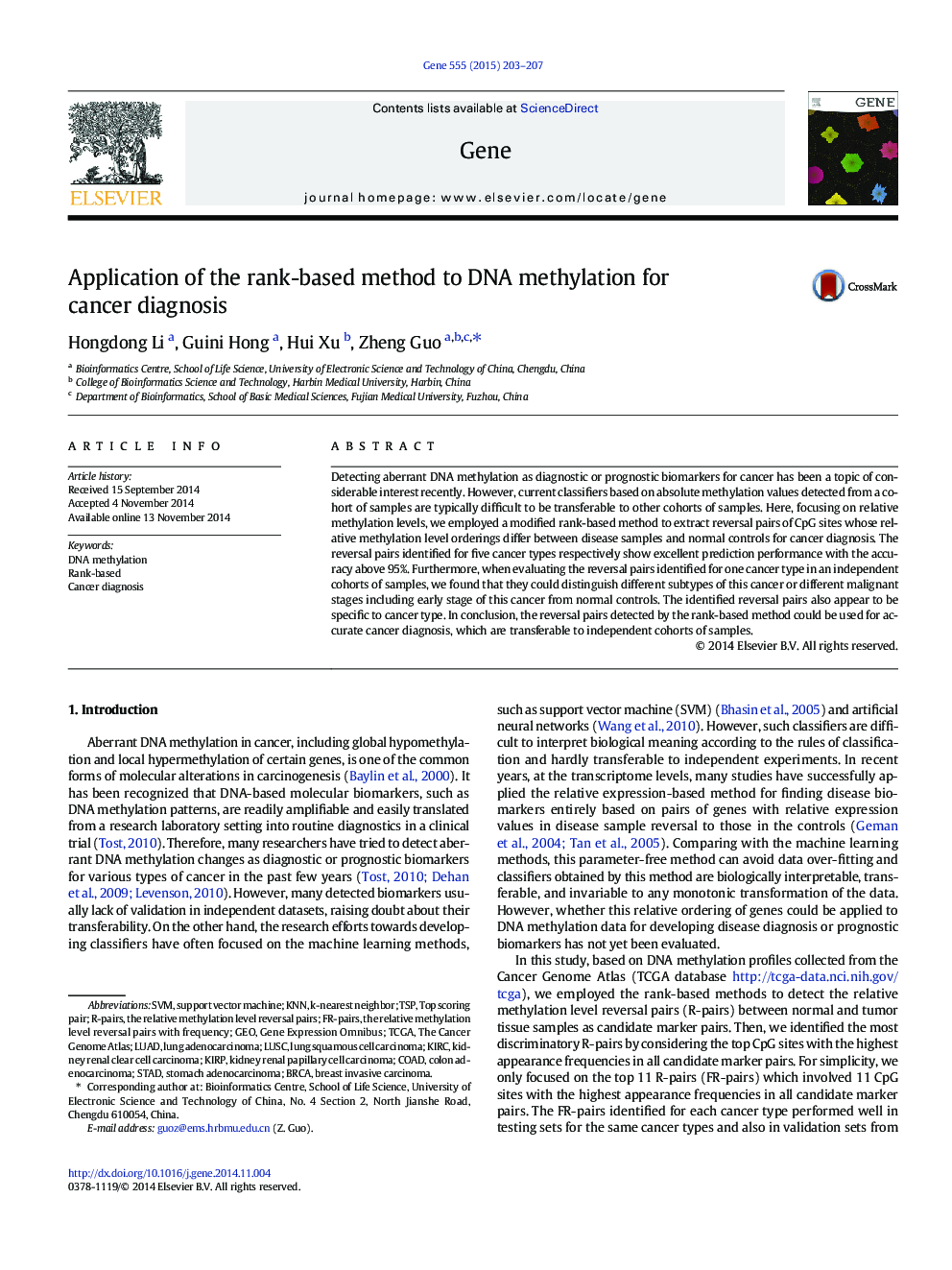 Application of the rank-based method to DNA methylation for cancer diagnosis