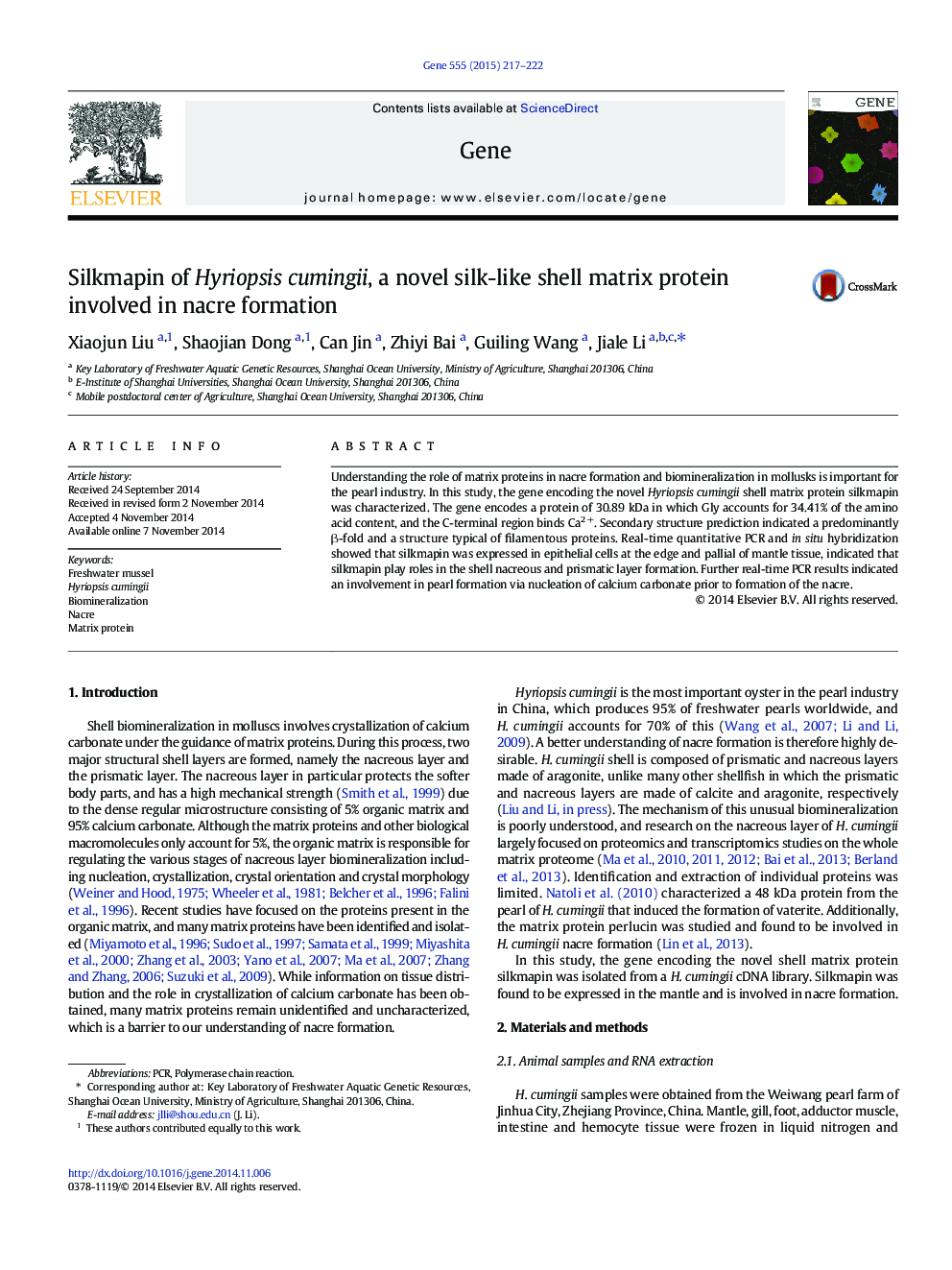 عکس صفحه اول مقاله: Silkmapin of Hyriopsis cumingii, a novel silk-like shell matrix protein involved in nacre formation Silkmapin of Hyriopsis cumingii, a novel silk-like shell matrix protein involved in nacre formation
