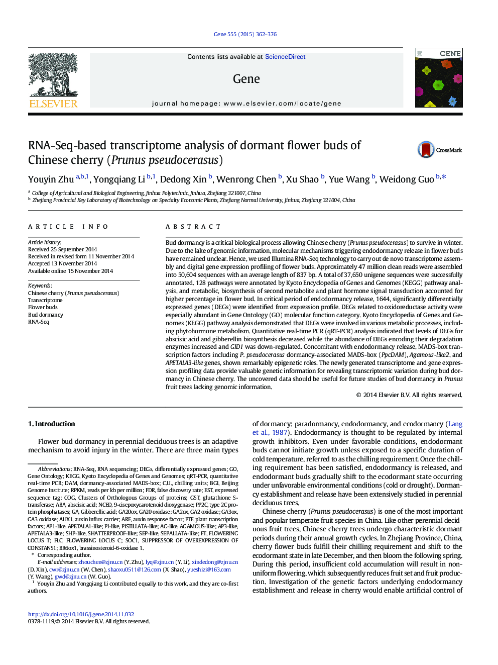 RNA-Seq-based transcriptome analysis of dormant flower buds of Chinese cherry (Prunus pseudocerasus)