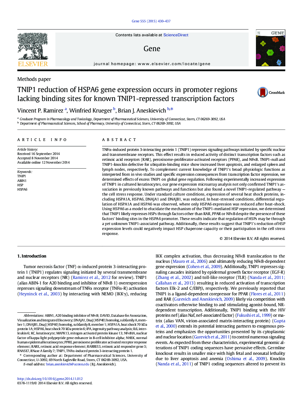 TNIP1 reduction of HSPA6 gene expression occurs in promoter regions lacking binding sites for known TNIP1-repressed transcription factors