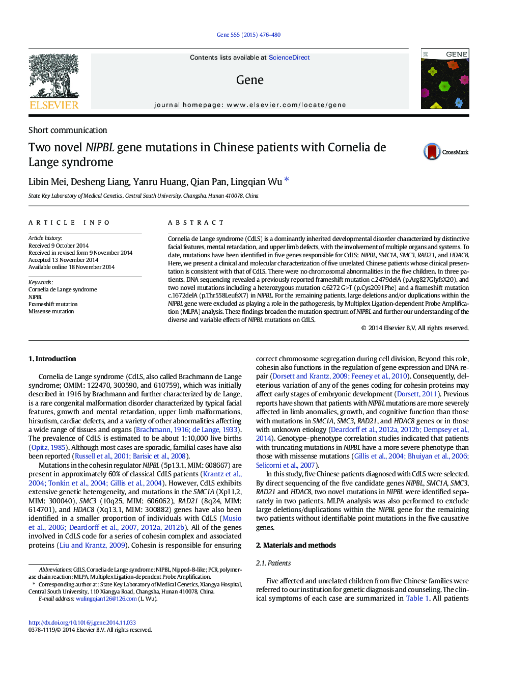 Two novel NIPBL gene mutations in Chinese patients with Cornelia de Lange syndrome