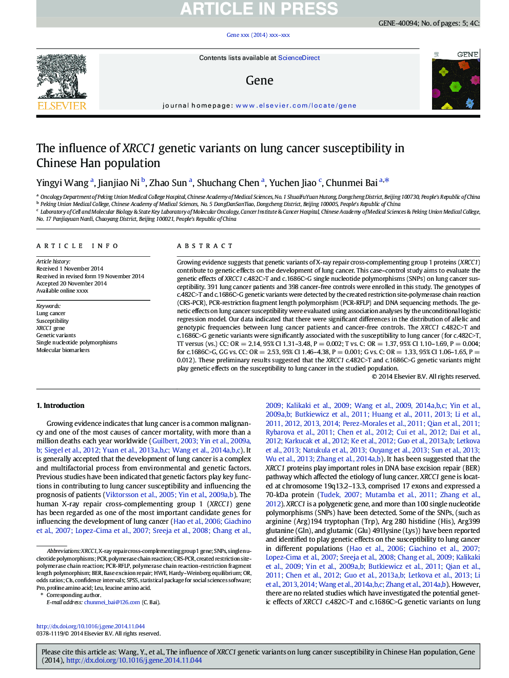 The influence of XRCC1 genetic variants on lung cancer susceptibility in Chinese Han population