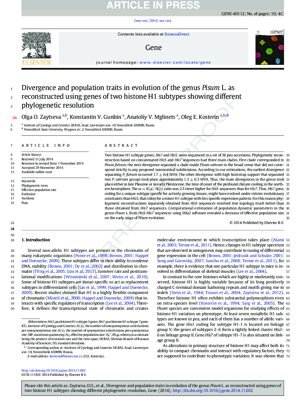 Divergence and population traits in evolution of the genus Pisum L. as reconstructed using genes of two histone H1 subtypes showing different phylogenetic resolution