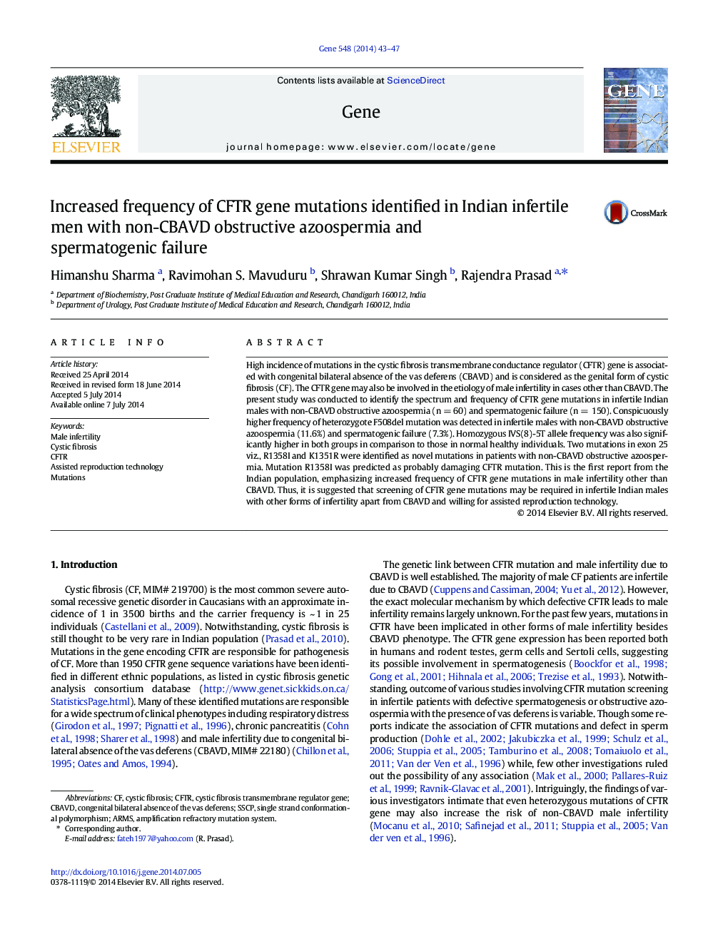 Increased frequency of CFTR gene mutations identified in Indian infertile men with non-CBAVD obstructive azoospermia and spermatogenic failure