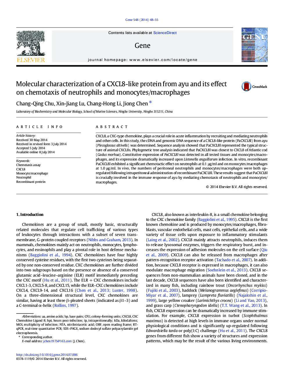 Molecular characterization of a CXCL8-like protein from ayu and its effect on chemotaxis of neutrophils and monocytes/macrophages