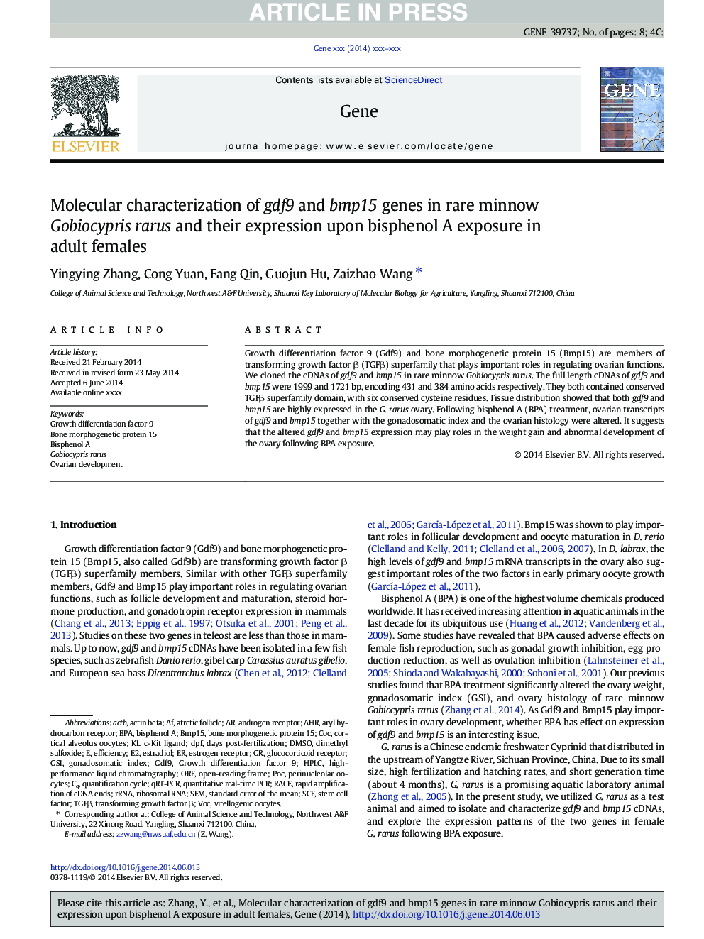 Molecular characterization of gdf9 and bmp15 genes in rare minnow Gobiocypris rarus and their expression upon bisphenol A exposure in adult females