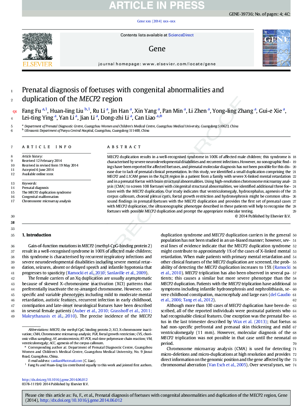 Prenatal diagnosis of foetuses with congenital abnormalities and duplication of the MECP2 region