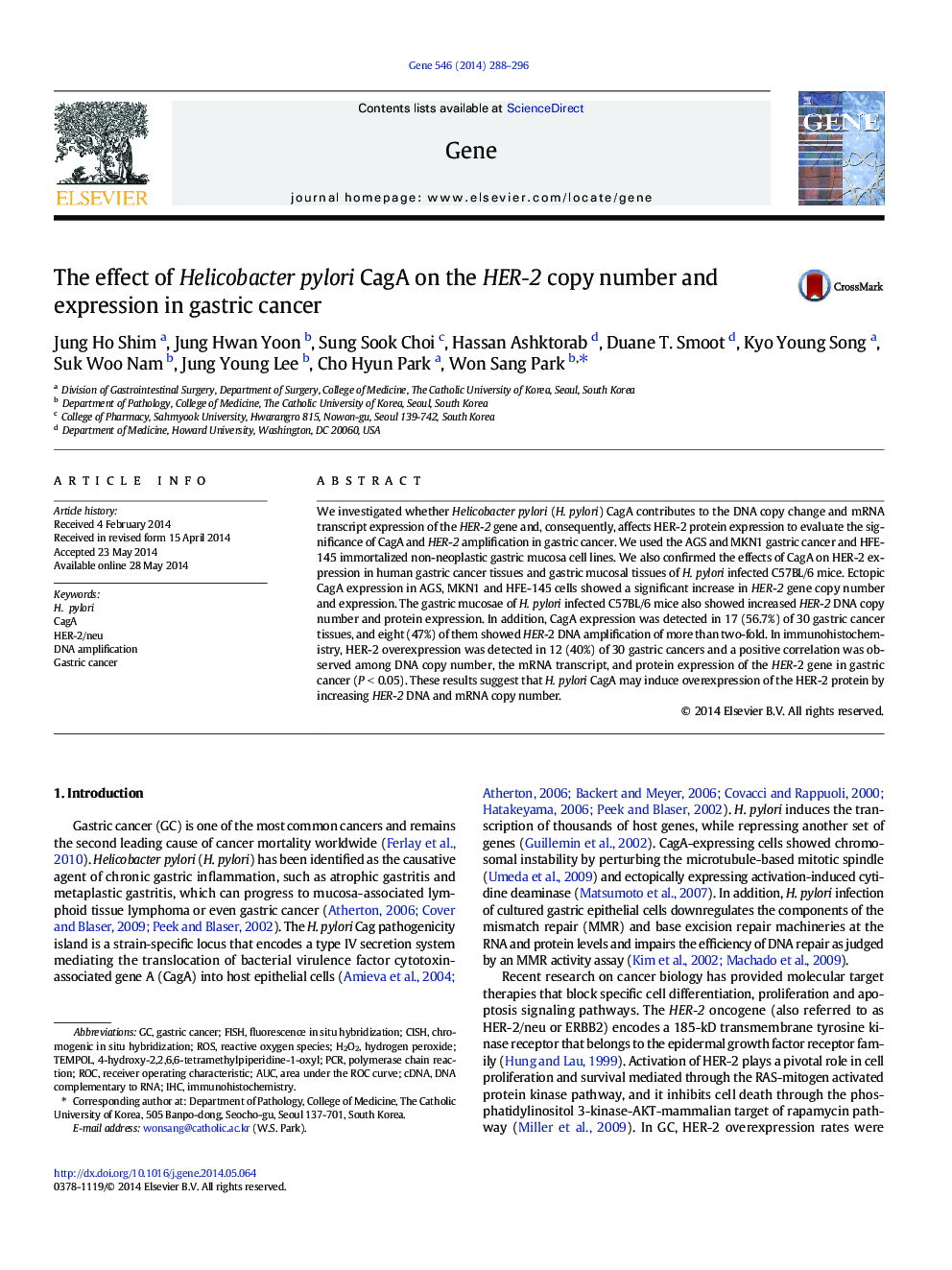 The effect of Helicobacter pylori CagA on the HER-2 copy number and expression in gastric cancer