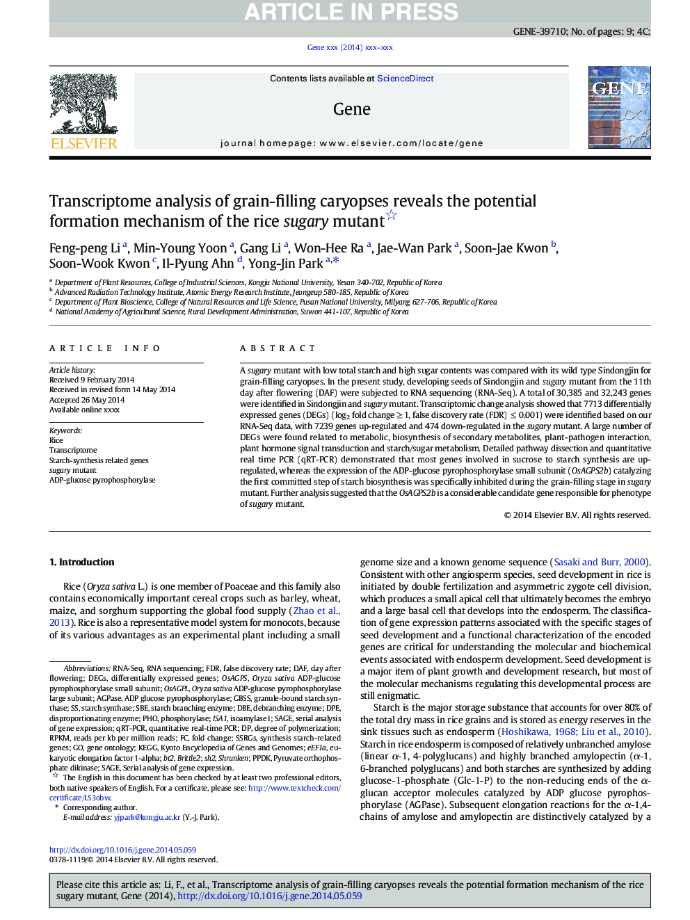 Transcriptome analysis of grain-filling caryopses reveals the potential formation mechanism of the rice sugary mutant