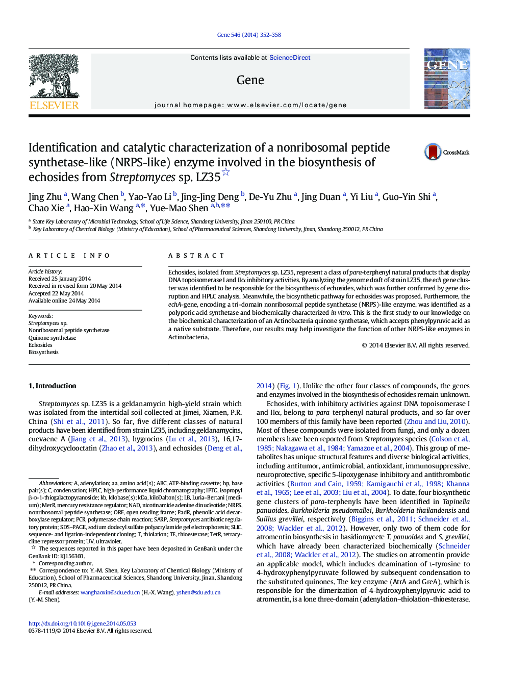 Identification and catalytic characterization of a nonribosomal peptide synthetase-like (NRPS-like) enzyme involved in the biosynthesis of echosides from Streptomyces sp. LZ35