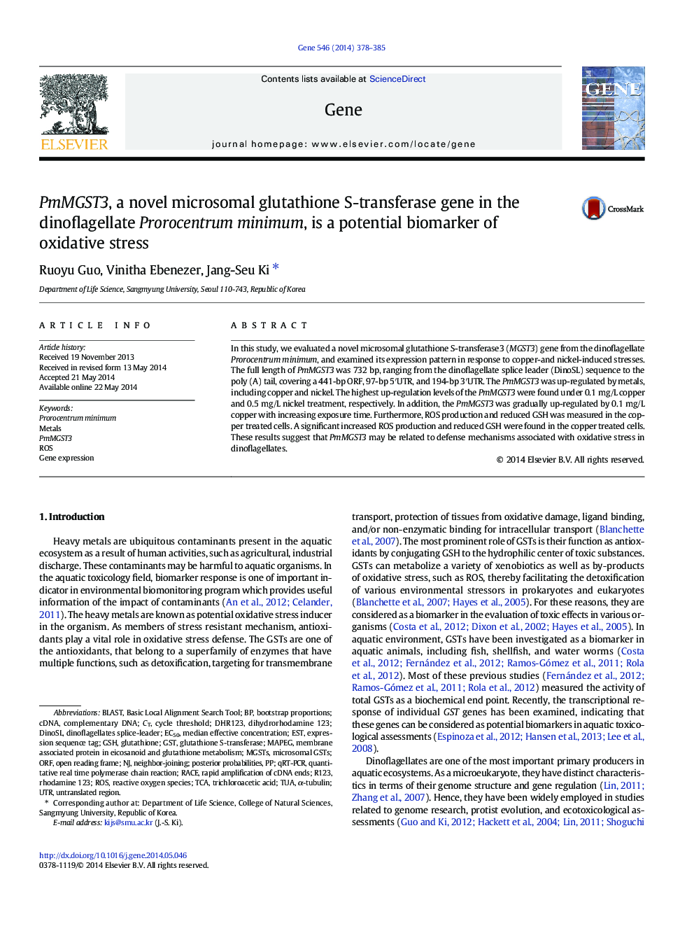 PmMGST3, a novel microsomal glutathione S-transferase gene in the dinoflagellate Prorocentrum minimum, is a potential biomarker of oxidative stress