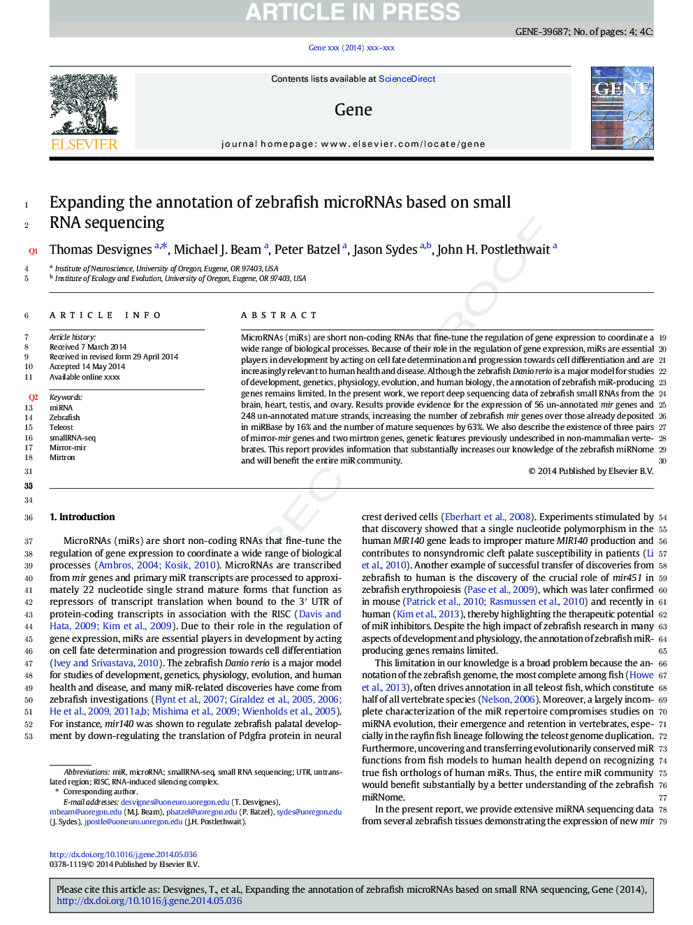 عکس صفحه اول مقاله: Expanding the annotation of zebrafish microRNAs based on small RNA sequencing Expanding the annotation of zebrafish microRNAs based on small RNA sequencing