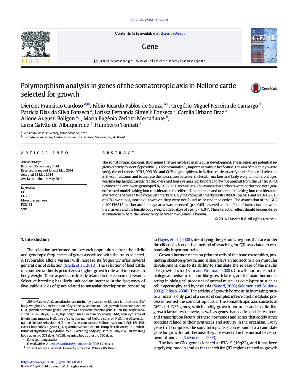 Polymorphism analysis in genes of the somatotropic axis in Nellore cattle selected for growth