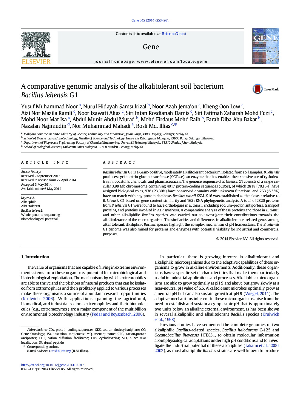 A comparative genomic analysis of the alkalitolerant soil bacterium Bacillus lehensis G1