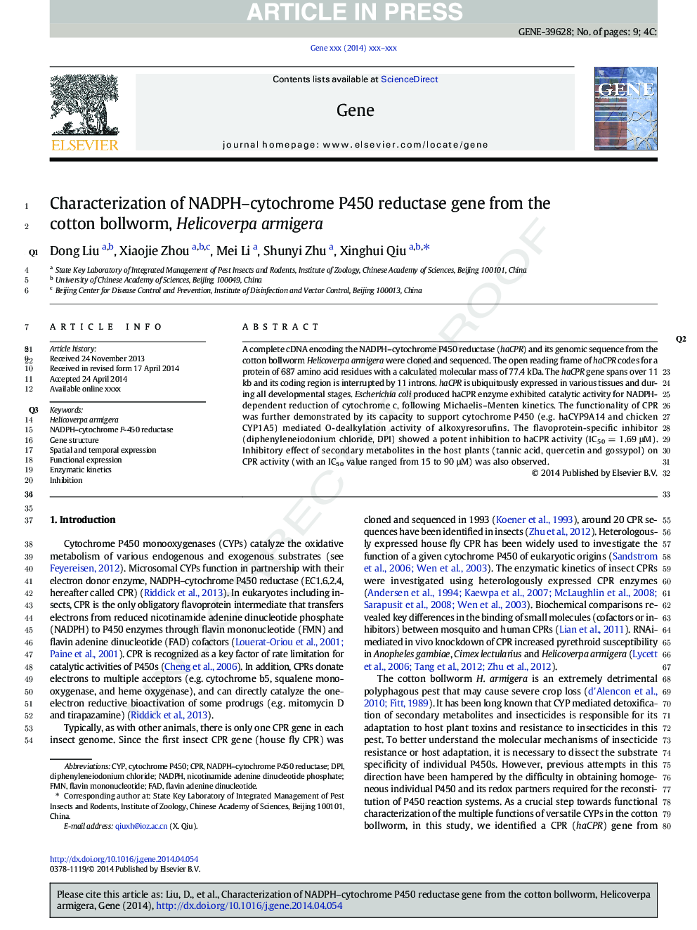 عکس صفحه اول مقاله: Characterization of NADPH-cytochrome P450 reductase gene from the cotton bollworm, Helicoverpa armigera Characterization of NADPH-cytochrome P450 reductase gene from the cotton bollworm, Helicoverpa armigera