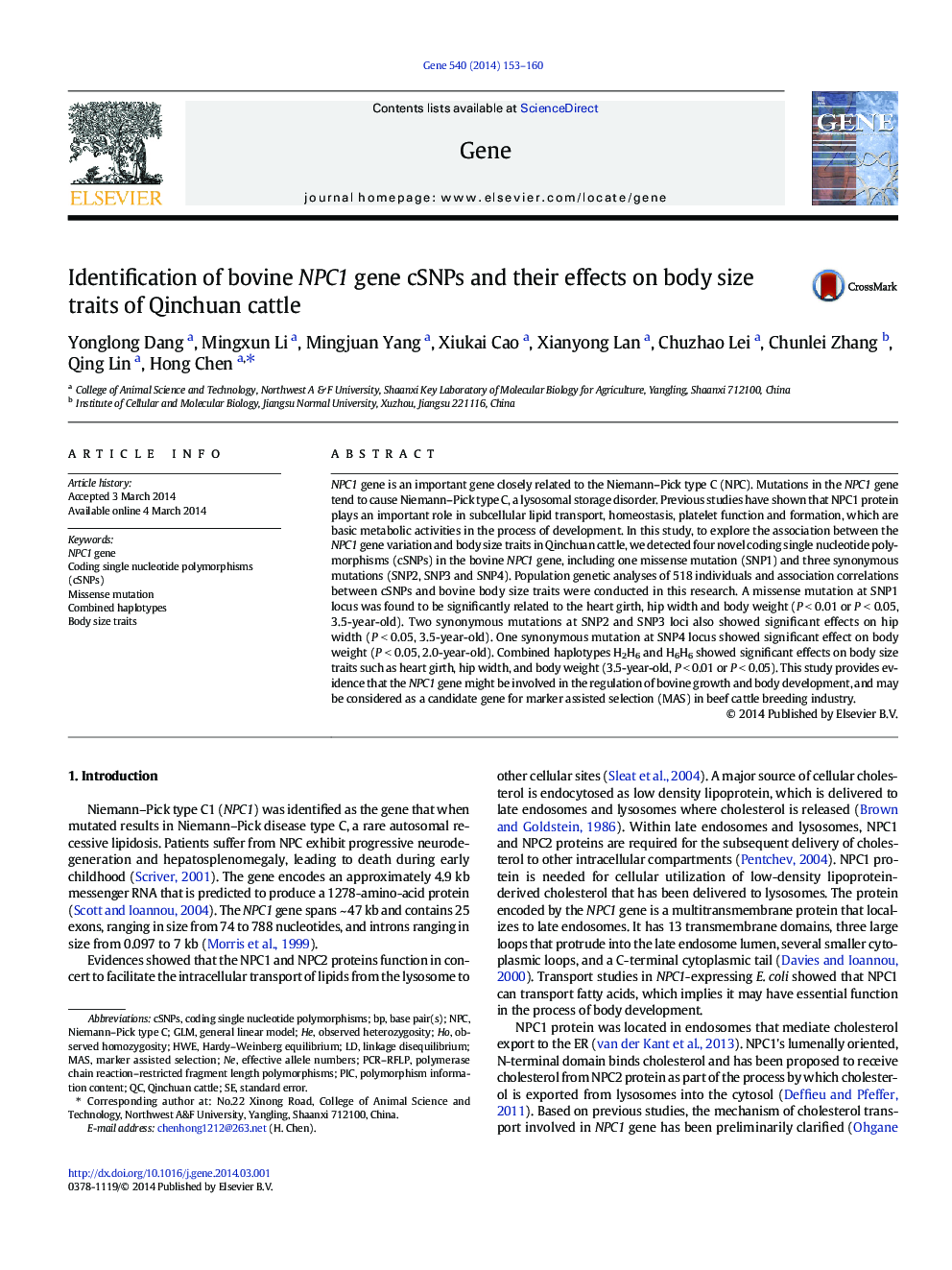 Identification of bovine NPC1 gene cSNPs and their effects on body size traits of Qinchuan cattle