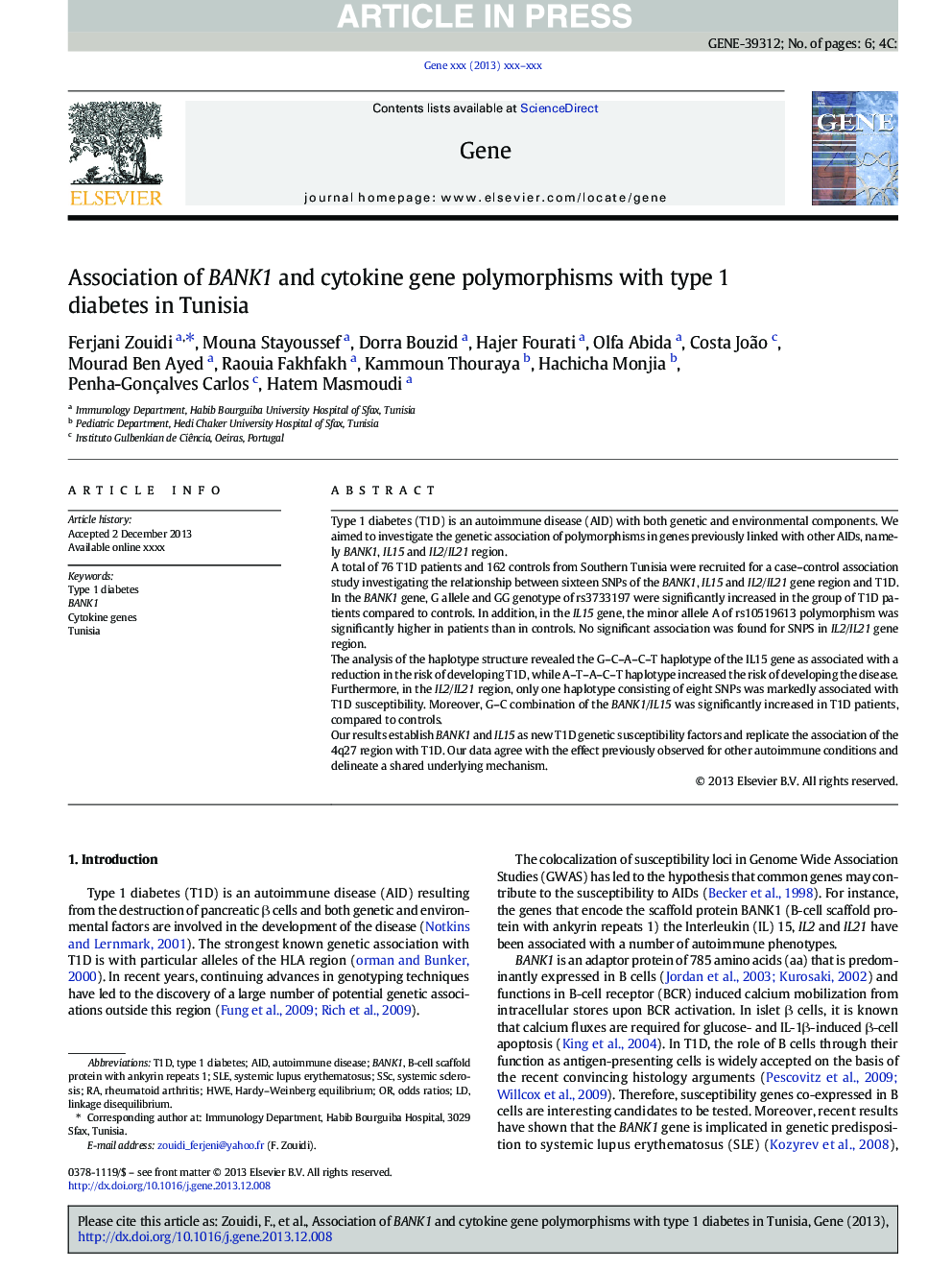 Association of BANK1 and cytokine gene polymorphisms with type 1 diabetes in Tunisia