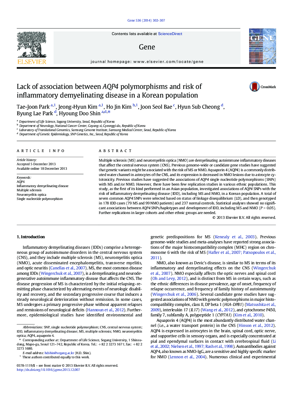Lack of association between AQP4 polymorphisms and risk of inflammatory demyelinating disease in a Korean population