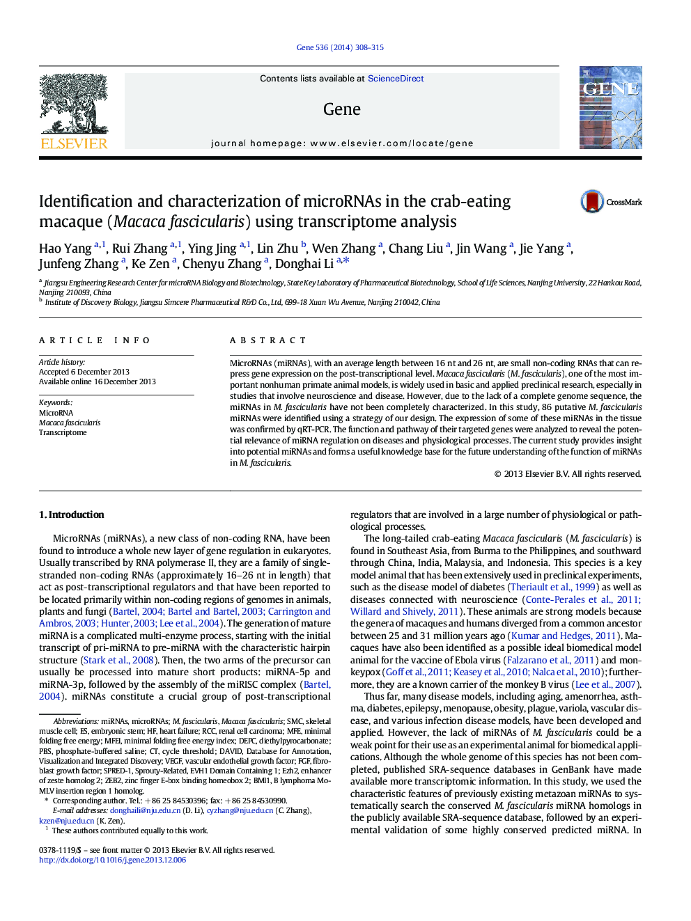 Identification and characterization of microRNAs in the crab-eating macaque (Macaca fascicularis) using transcriptome analysis