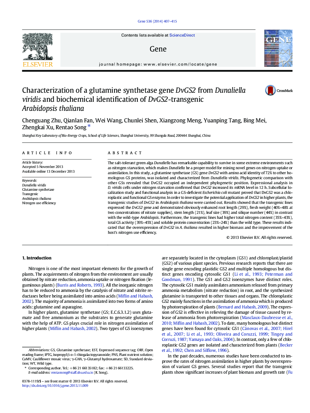 Characterization of a glutamine synthetase gene DvGS2 from Dunaliella viridis and biochemical identification of DvGS2-transgenic Arabidopsis thaliana