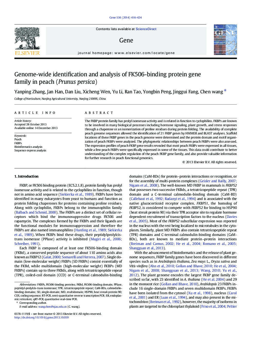 Genome-wide identification and analysis of FK506-binding protein gene family in peach (Prunus persica)