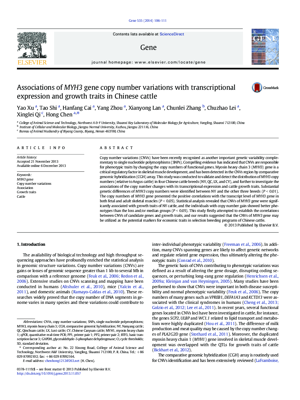 Associations of MYH3 gene copy number variations with transcriptional expression and growth traits in Chinese cattle