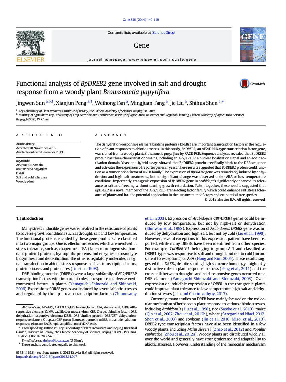 Functional analysis of BpDREB2 gene involved in salt and drought response from a woody plant Broussonetia papyrifera