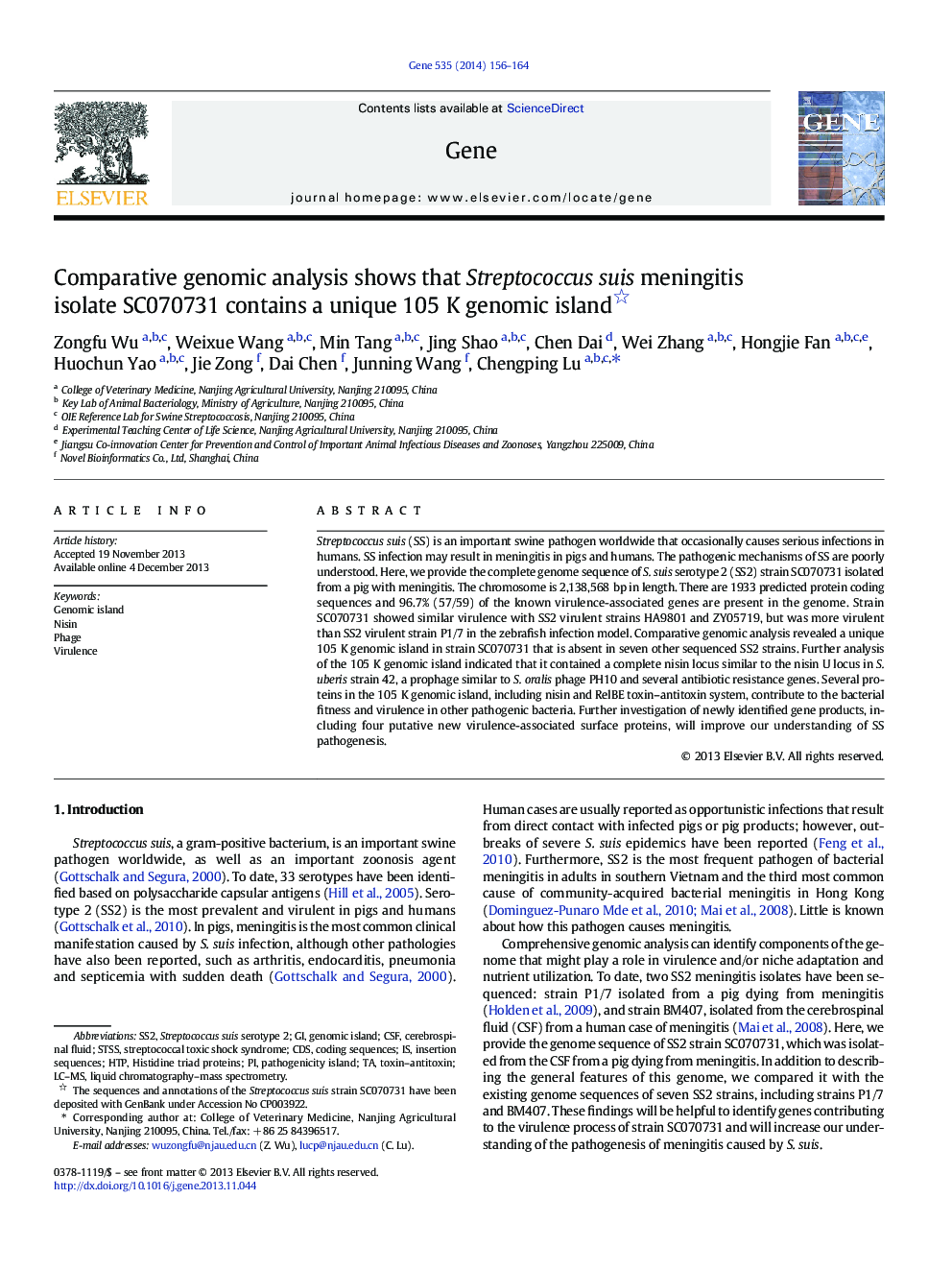 Comparative genomic analysis shows that Streptococcus suis meningitis isolate SC070731 contains a unique 105Â K genomic island