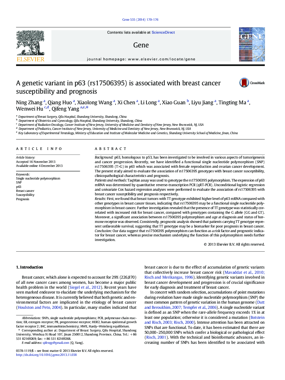 A genetic variant in p63 (rs17506395) is associated with breast cancer susceptibility and prognosis