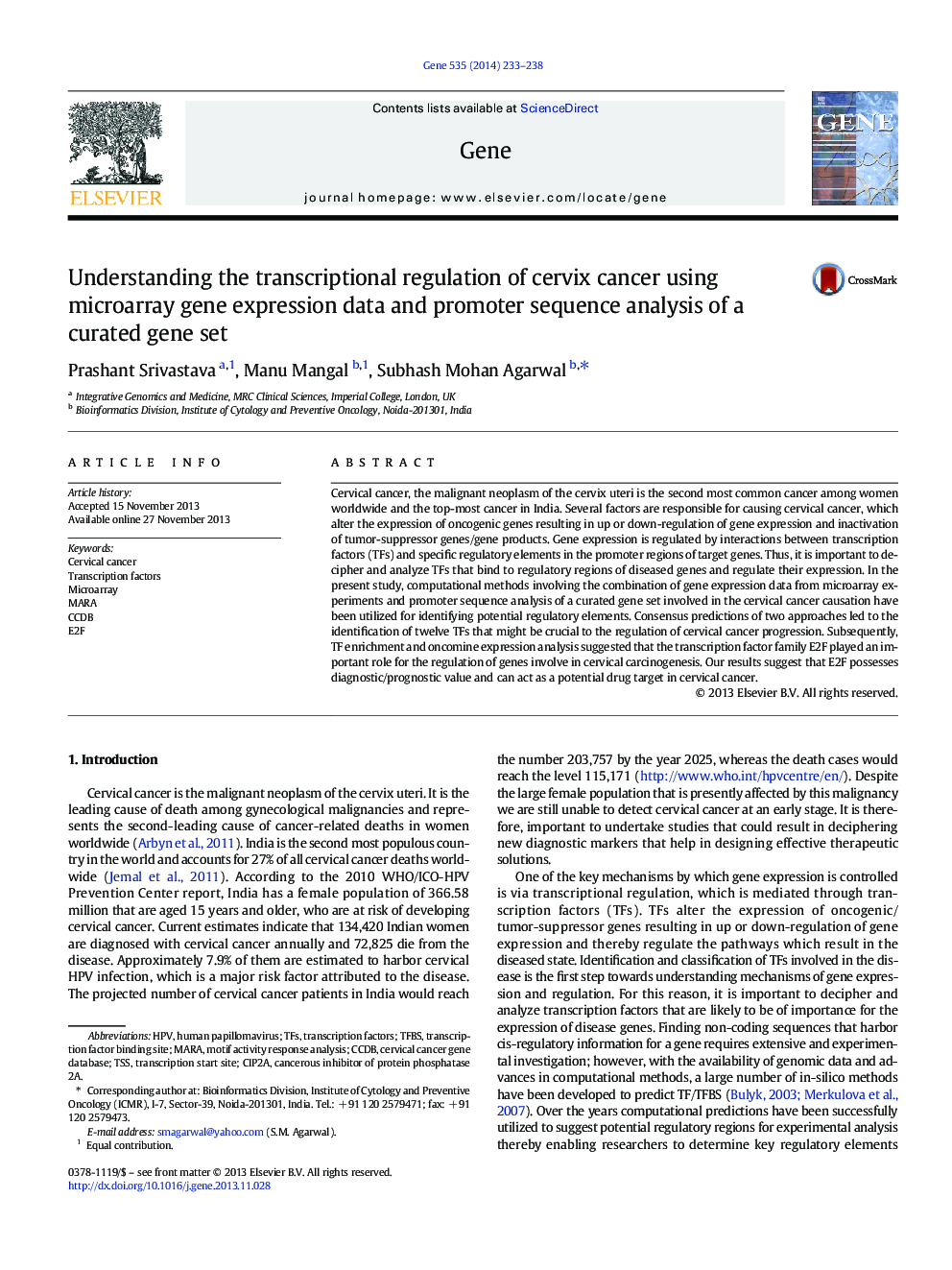 عکس صفحه اول مقاله: Understanding the transcriptional regulation of cervix cancer using microarray gene expression data and promoter sequence analysis of a curated gene set Understanding the transcriptional regulation of cervix cancer using microarray gene expression data and promoter sequence analysis of a curated gene set