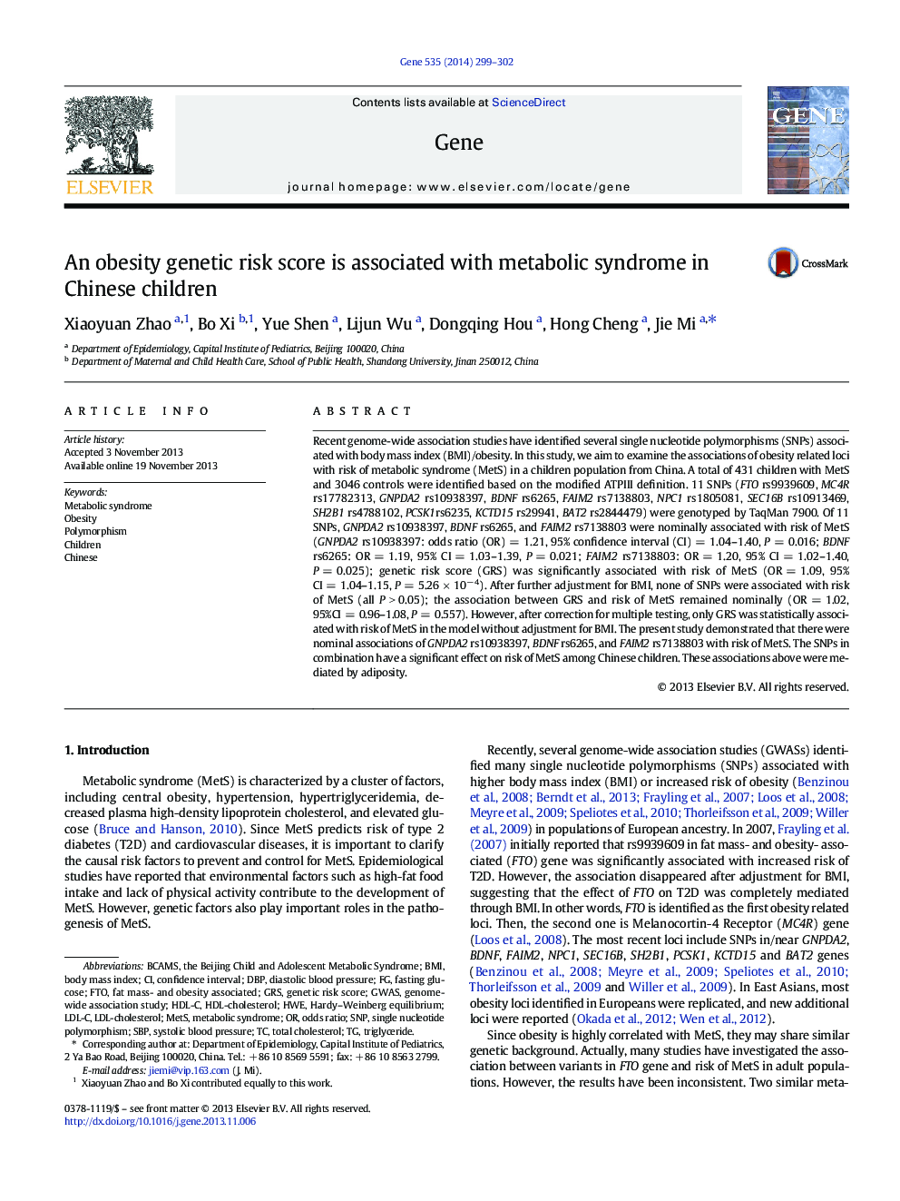 An obesity genetic risk score is associated with metabolic syndrome in Chinese children