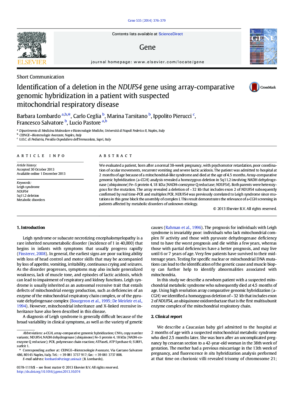 Identification of a deletion in the NDUFS4 gene using array-comparative genomic hybridization in a patient with suspected mitochondrial respiratory disease