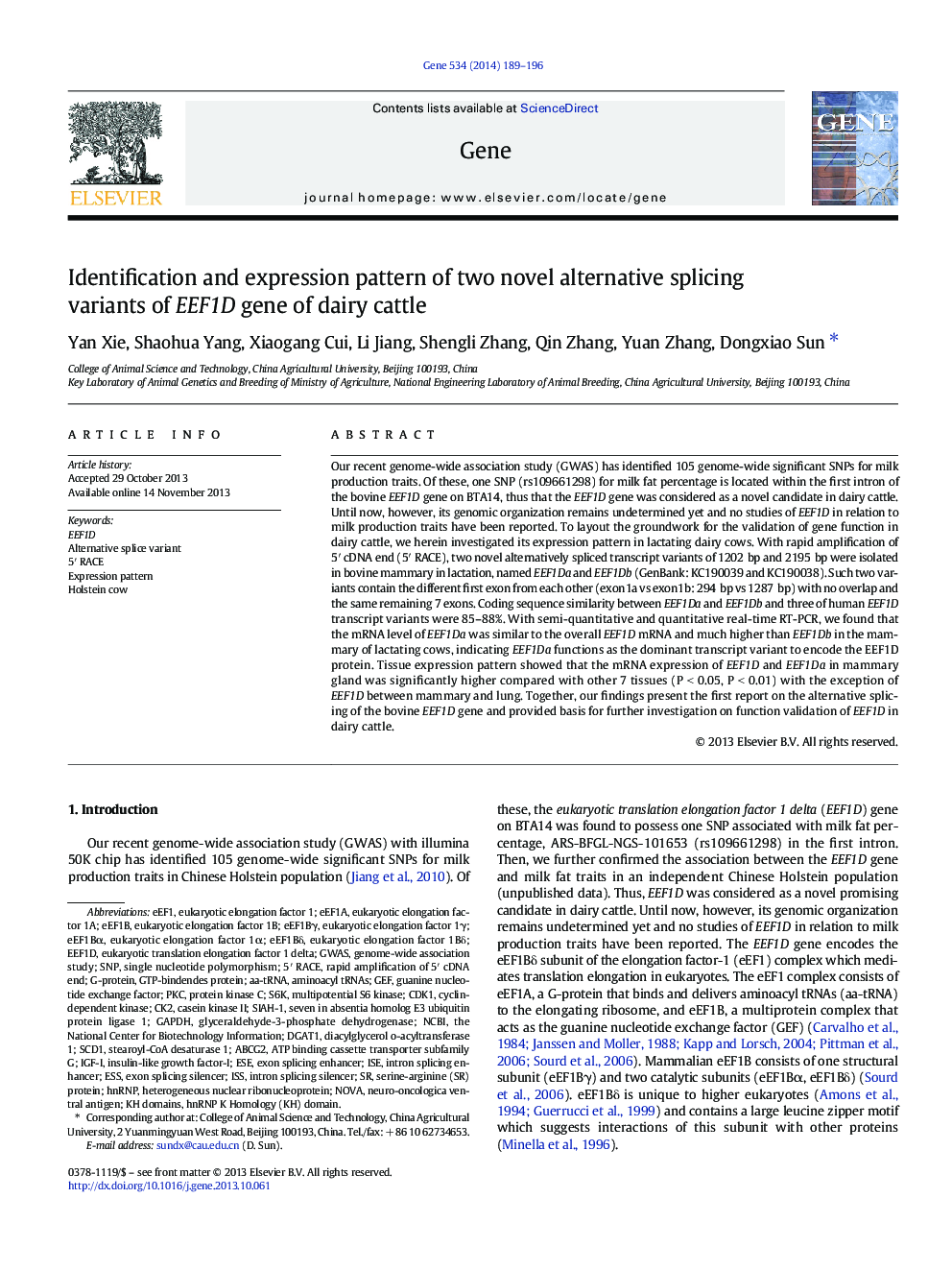 Identification and expression pattern of two novel alternative splicing variants of EEF1D gene of dairy cattle