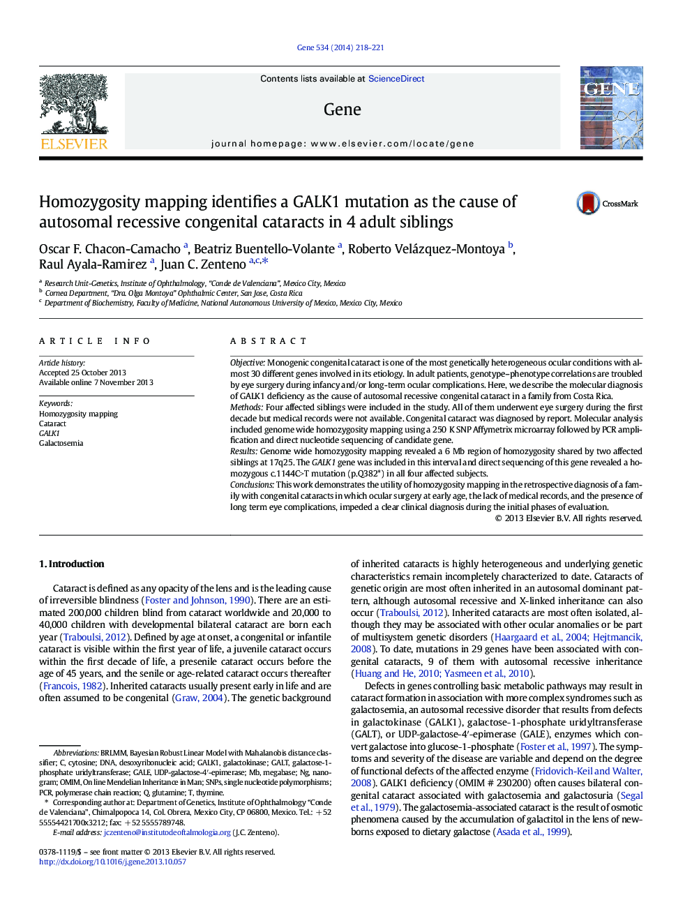 Homozygosity mapping identifies a GALK1 mutation as the cause of autosomal recessive congenital cataracts in 4 adult siblings