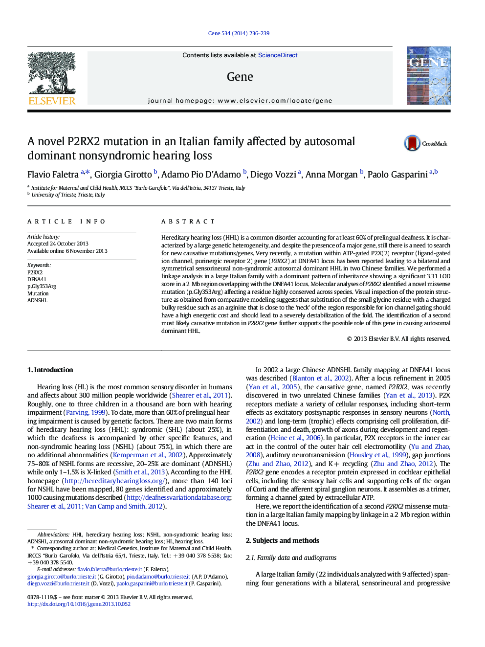 A novel P2RX2 mutation in an Italian family affected by autosomal dominant nonsyndromic hearing loss