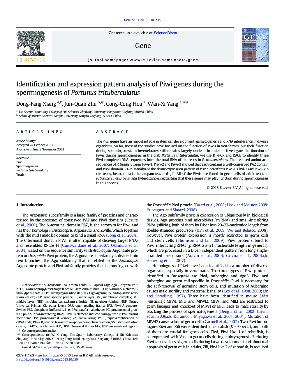 Identification and expression pattern analysis of Piwi genes during the spermiogenesis of Portunus trituberculatus