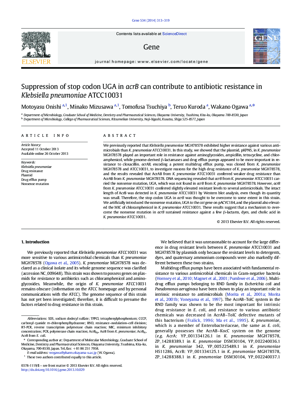 Suppression of stop codon UGA in acrB can contribute to antibiotic resistance in Klebsiella pneumoniae ATCC10031