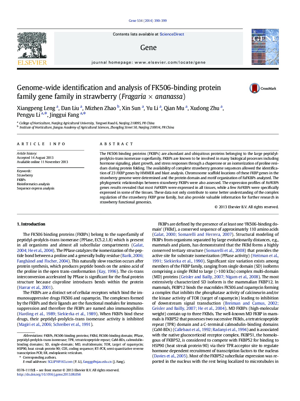 Genome-wide identification and analysis of FK506-binding protein family gene family in strawberry (Fragaria Ã ananassa)