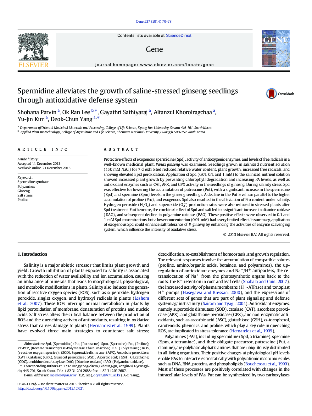 Spermidine alleviates the growth of saline-stressed ginseng seedlings through antioxidative defense system