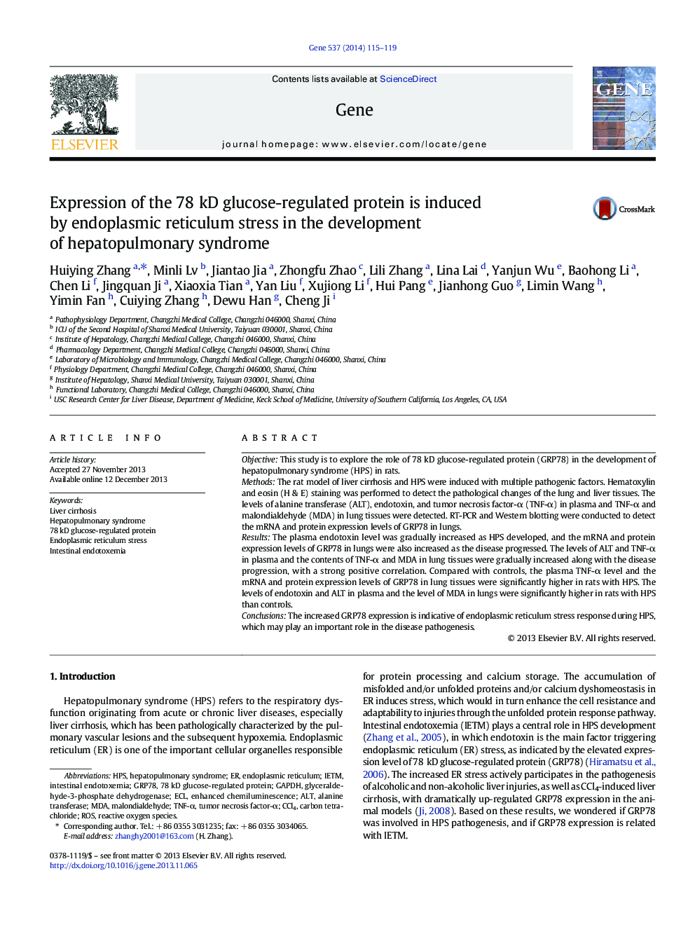 Expression of the 78Â kD glucose-regulated protein is induced by endoplasmic reticulum stress in the development of hepatopulmonary syndrome