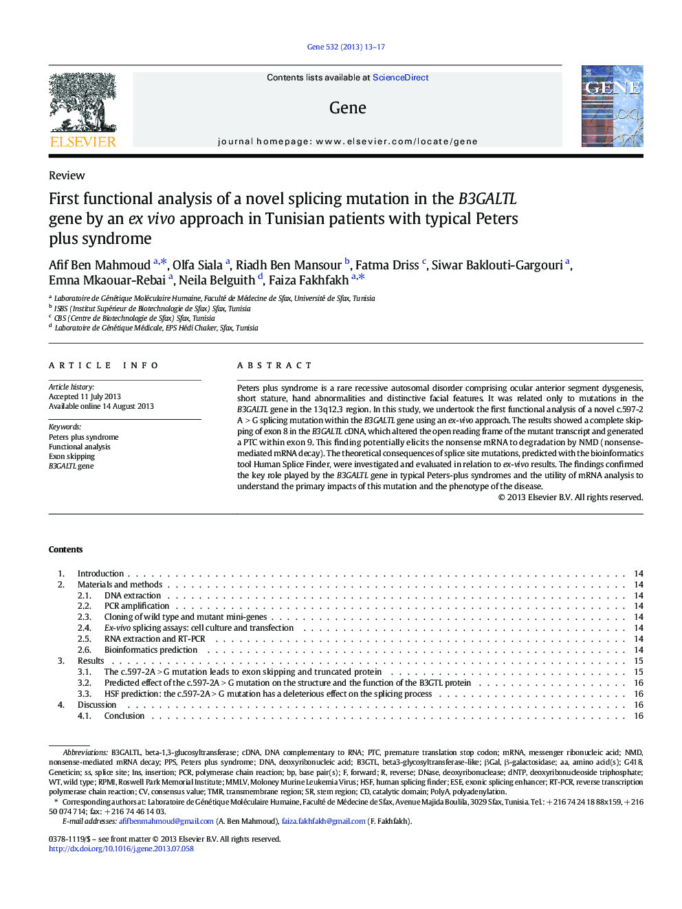 First functional analysis of a novel splicing mutation in the B3GALTL gene by an ex vivo approach in Tunisian patients with typical Peters plus syndrome