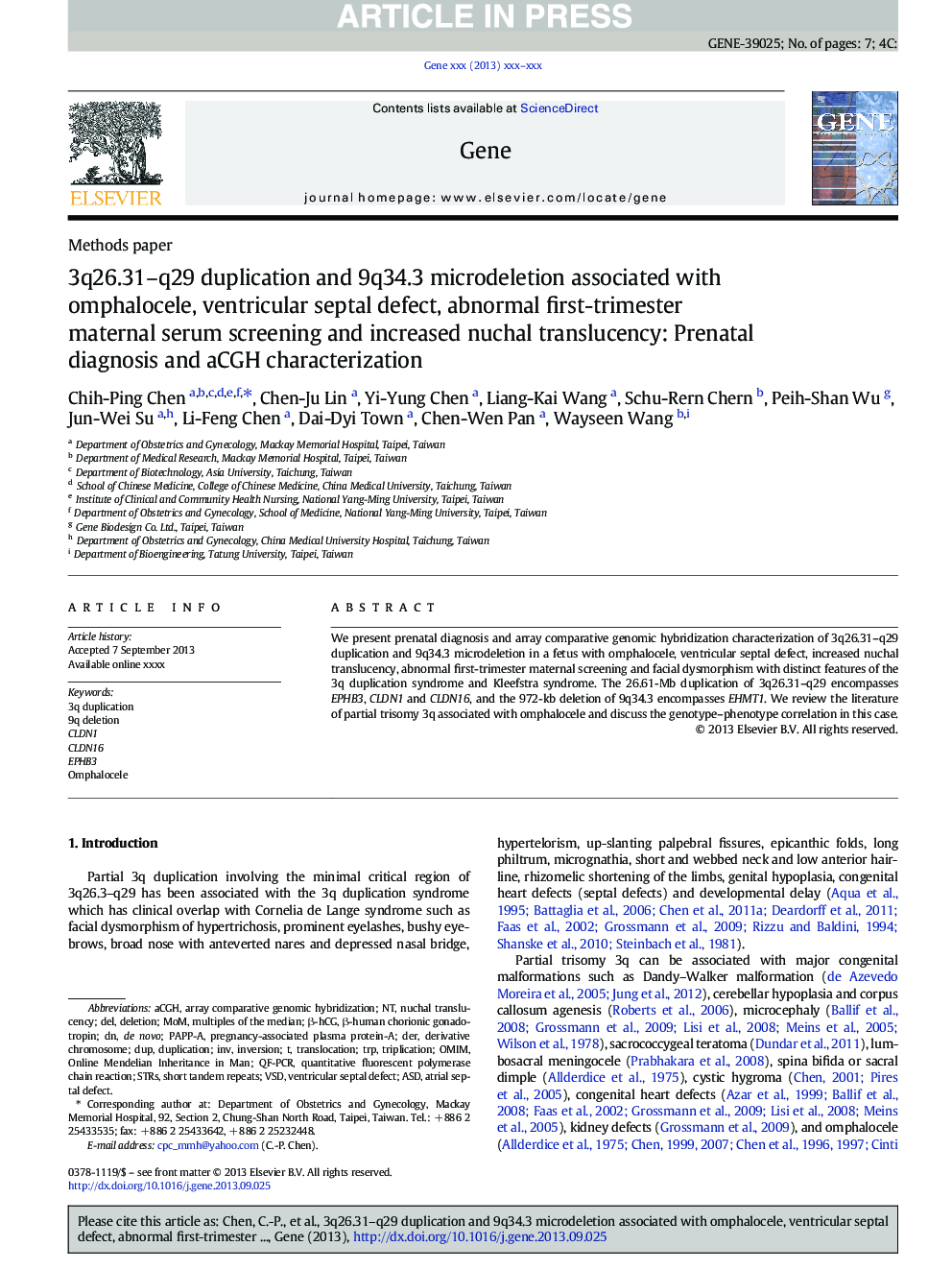 3q26.31-q29 duplication and 9q34.3 microdeletion associated with omphalocele, ventricular septal defect, abnormal first-trimester maternal serum screening and increased nuchal translucency: Prenatal diagnosis and aCGH characterization