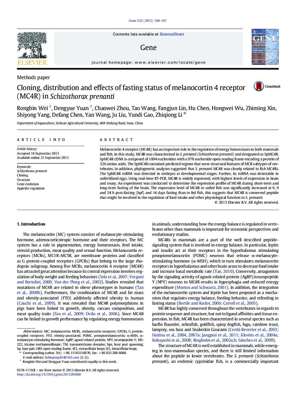 Cloning, distribution and effects of fasting status of melanocortin 4 receptor (MC4R) in Schizothorax prenanti