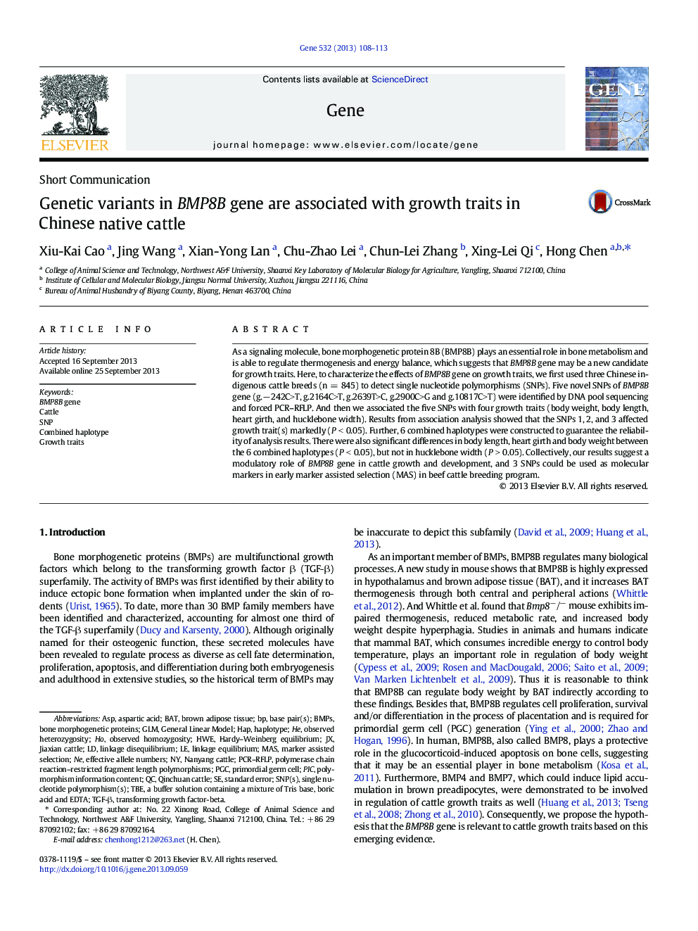 Genetic variants in BMP8B gene are associated with growth traits in Chinese native cattle