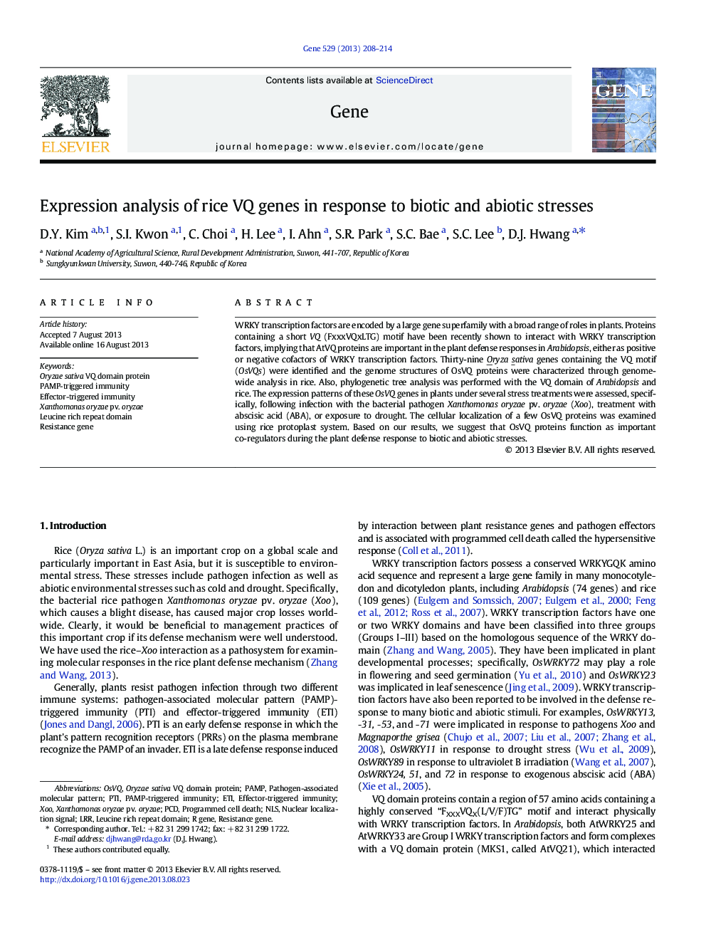 Expression analysis of rice VQ genes in response to biotic and abiotic stresses