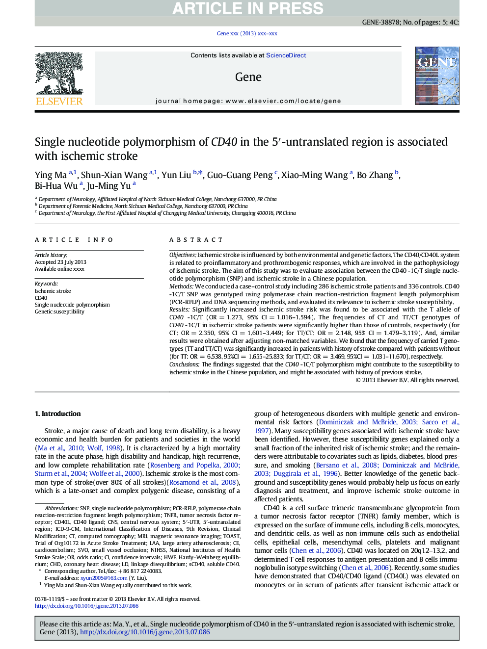 Single nucleotide polymorphism of CD40 in the 5â²-untranslated region is associated with ischemic stroke