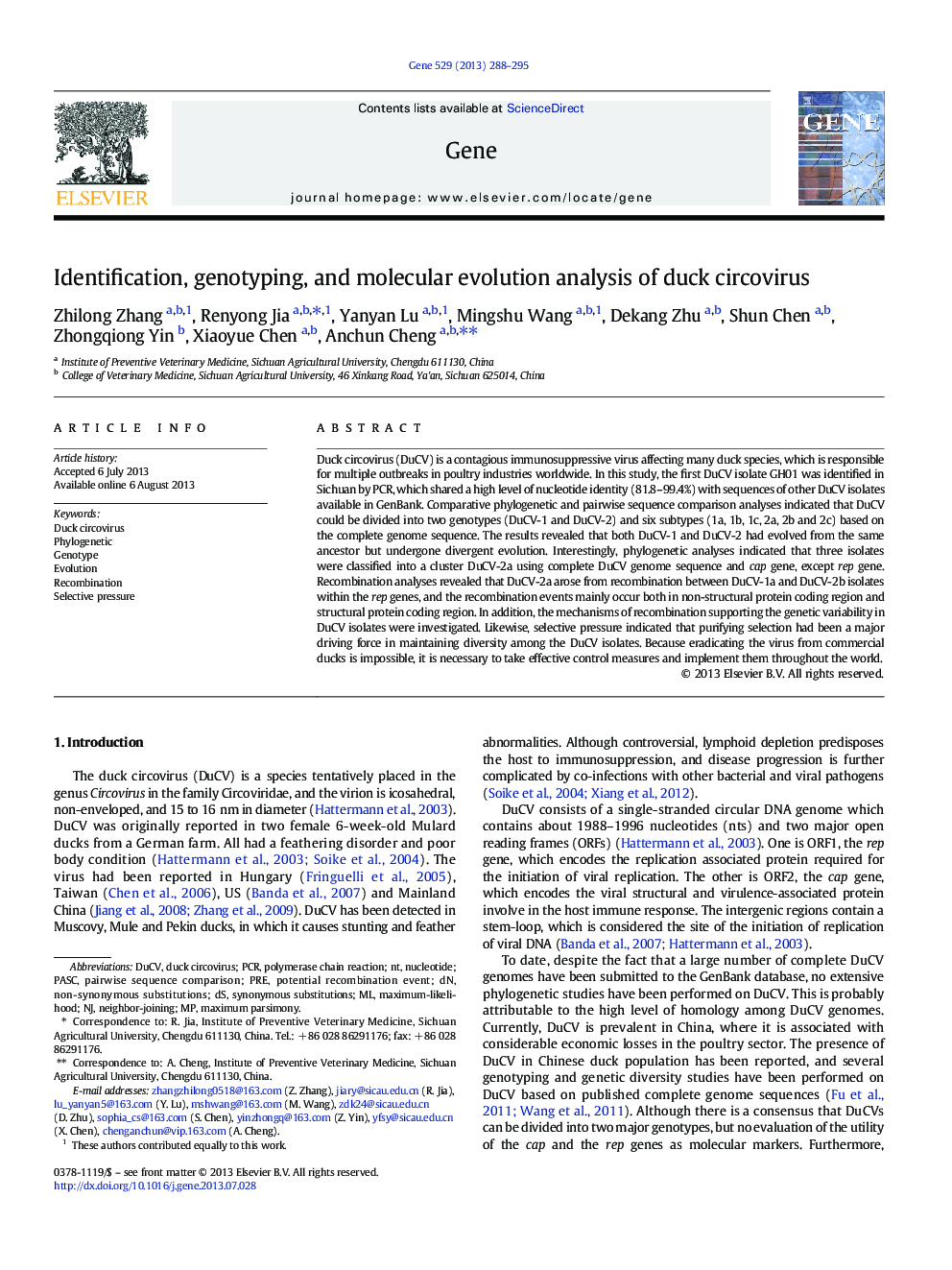 Identification, genotyping, and molecular evolution analysis of duck circovirus