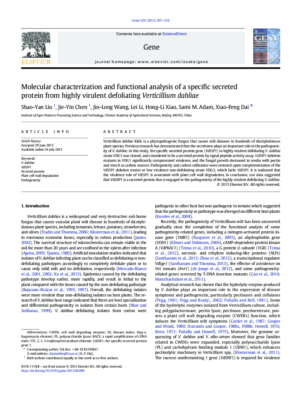 Molecular characterization and functional analysis of a specific secreted protein from highly virulent defoliating Verticillium dahliae