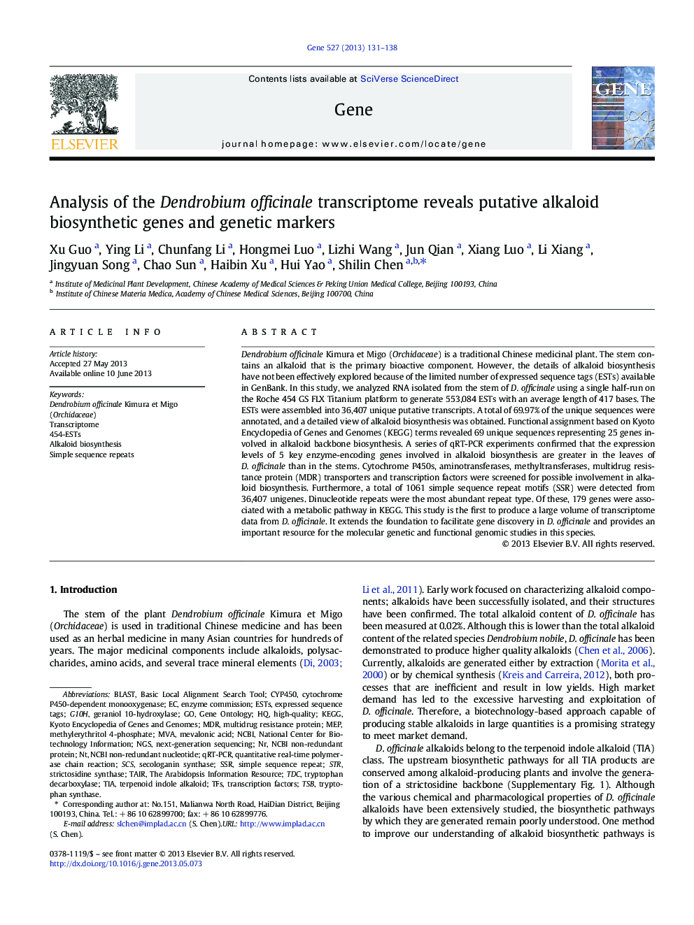 Analysis of the Dendrobium officinale transcriptome reveals putative alkaloid biosynthetic genes and genetic markers