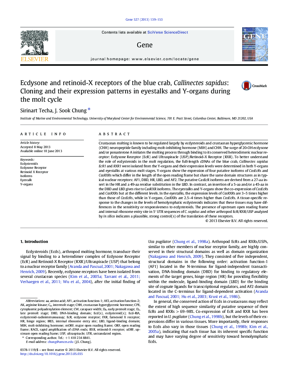 Ecdysone and retinoid-X receptors of the blue crab, Callinectes sapidus: Cloning and their expression patterns in eyestalks and Y-organs during the molt cycle